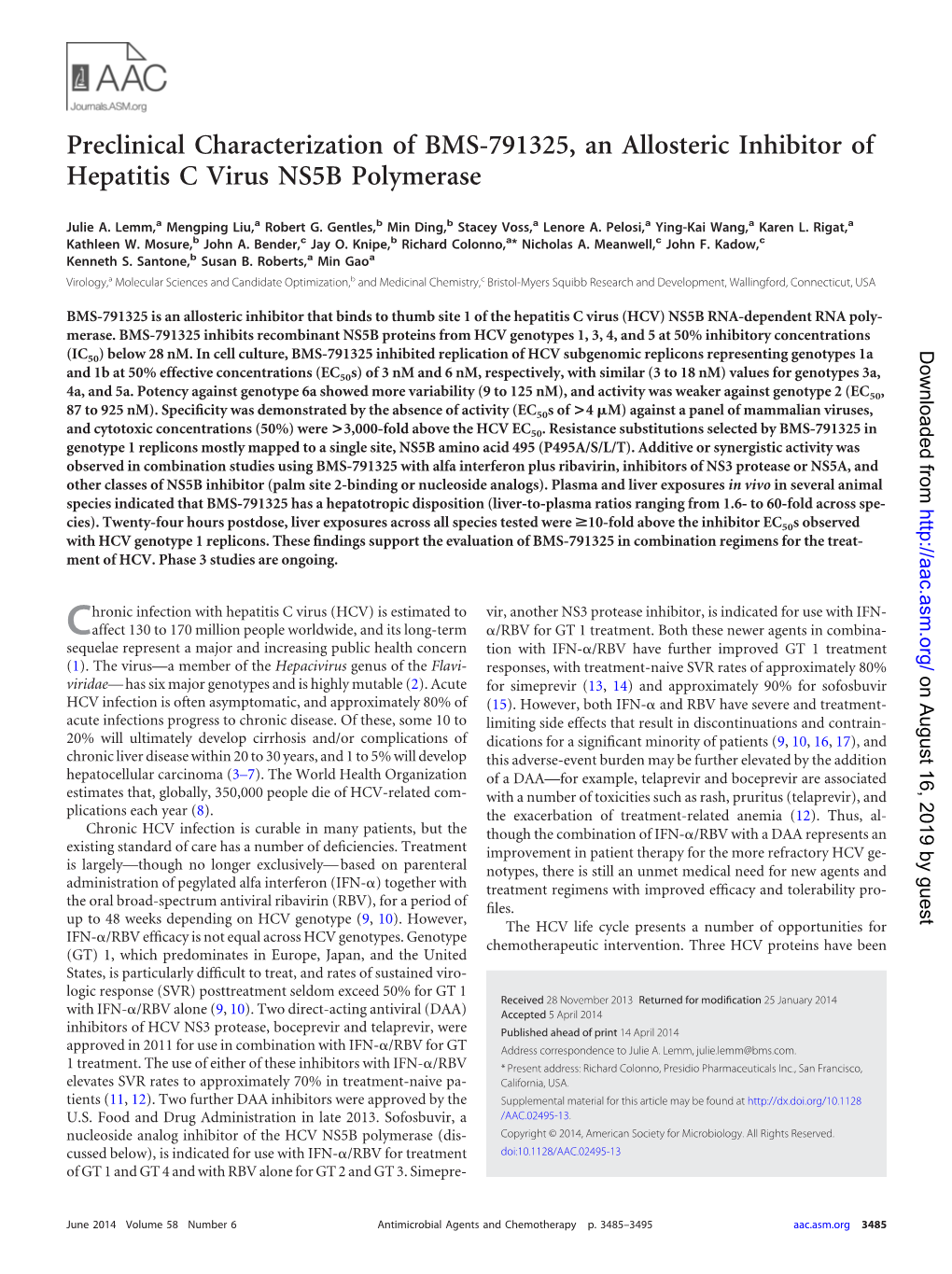 Preclinical Characterization of BMS-791325, an Allosteric Inhibitor of Hepatitis C Virus NS5B Polymerase