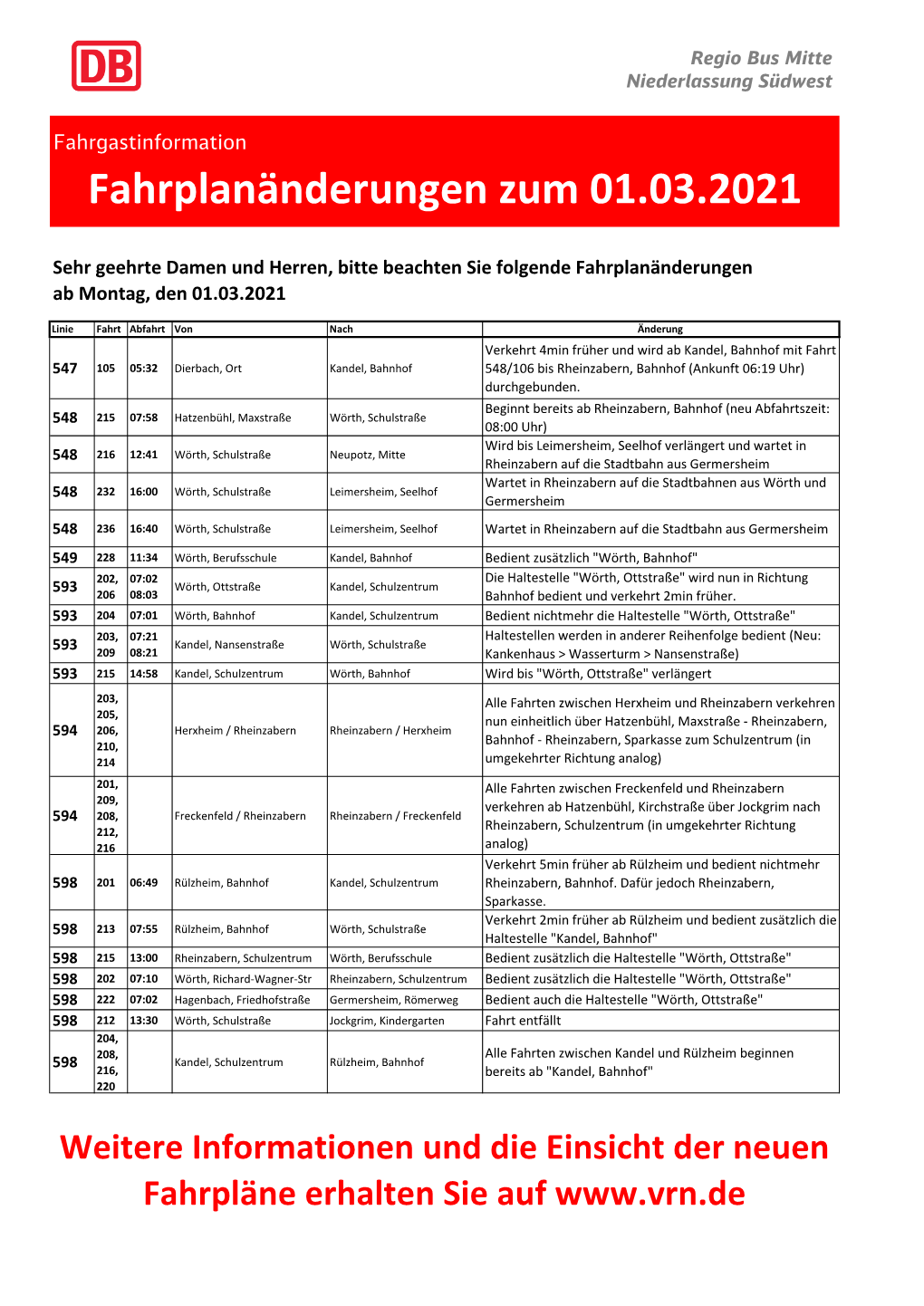 Fahrplanänderungen Zum 01.03.2021