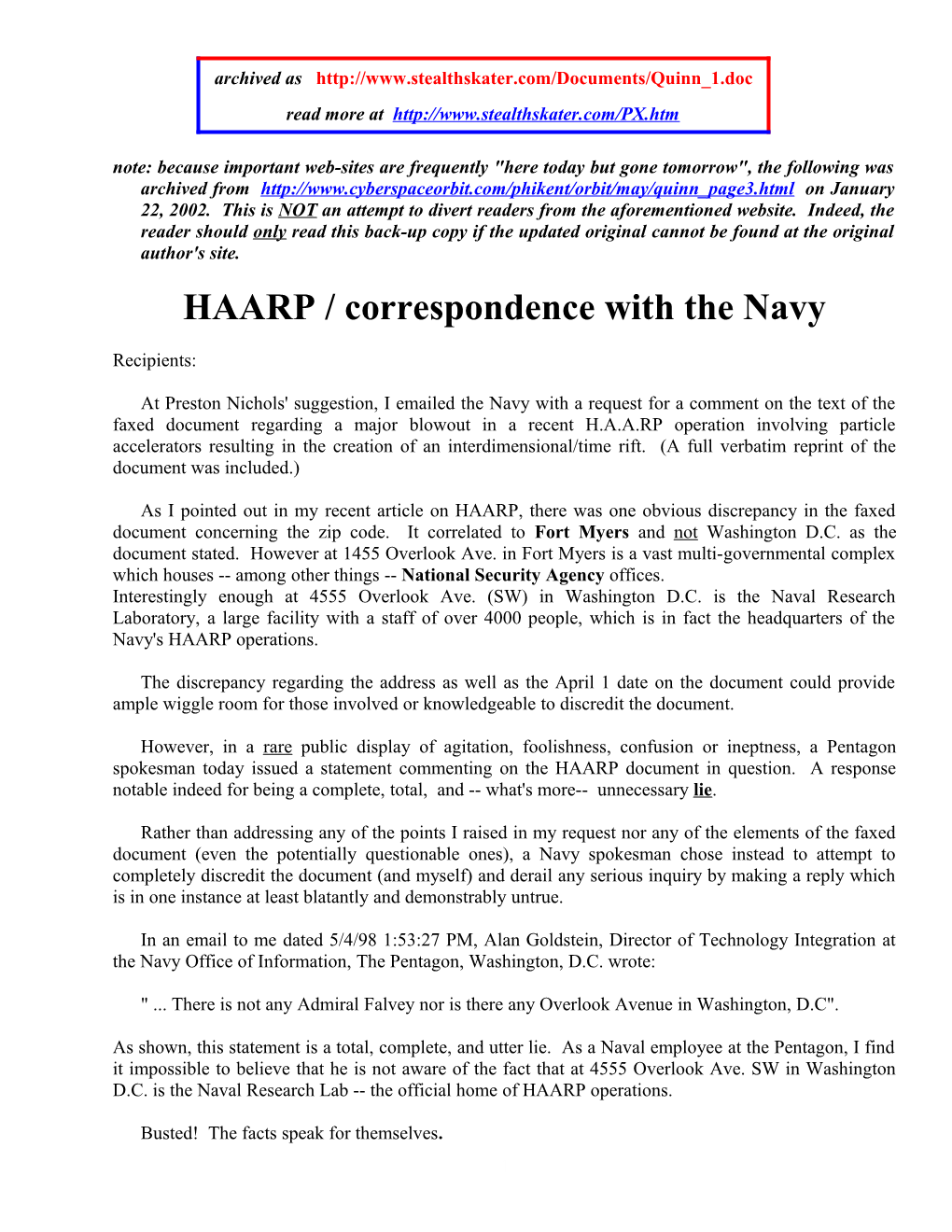 HAARP / Correspondence with the Navy