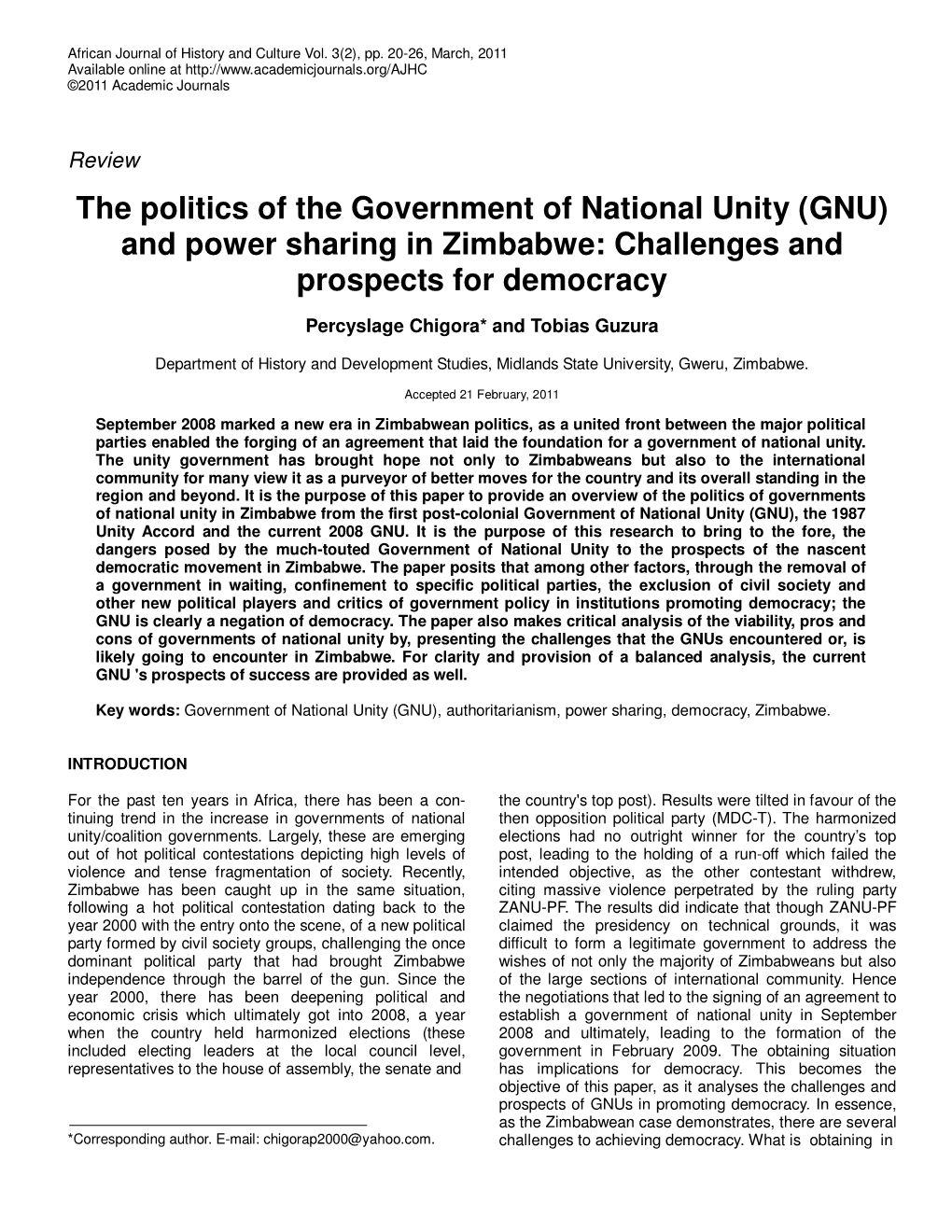 The Politics of the Government of National Unity (GNU) and Power Sharing in Zimbabwe: Challenges and Prospects for Democracy