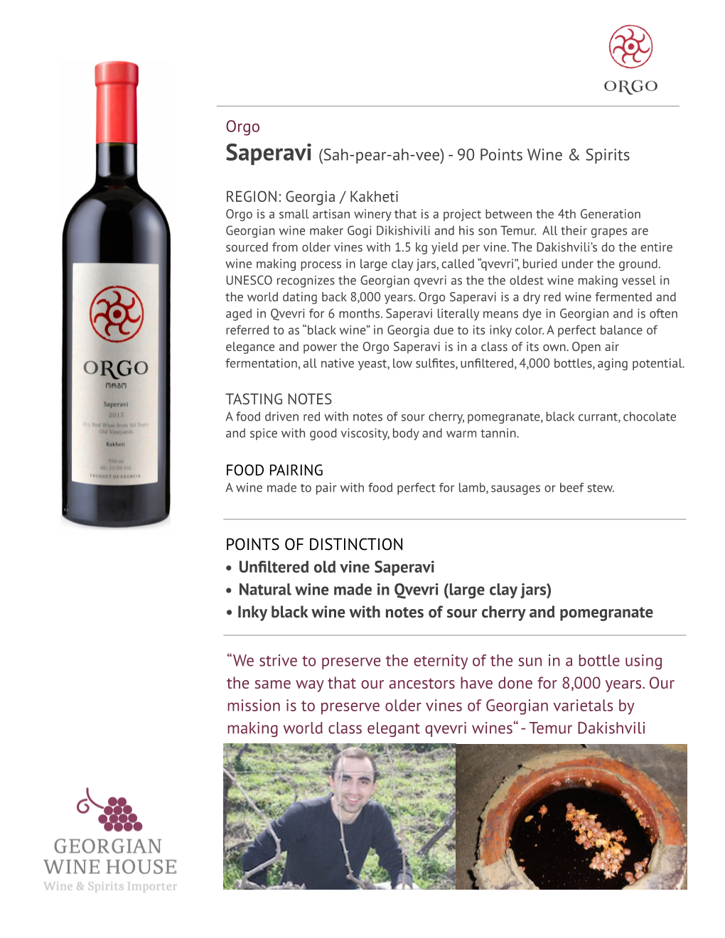 Orgo Saperavi (Sah-Pear-Ah-Vee) - 90 Points Wine & Spirits