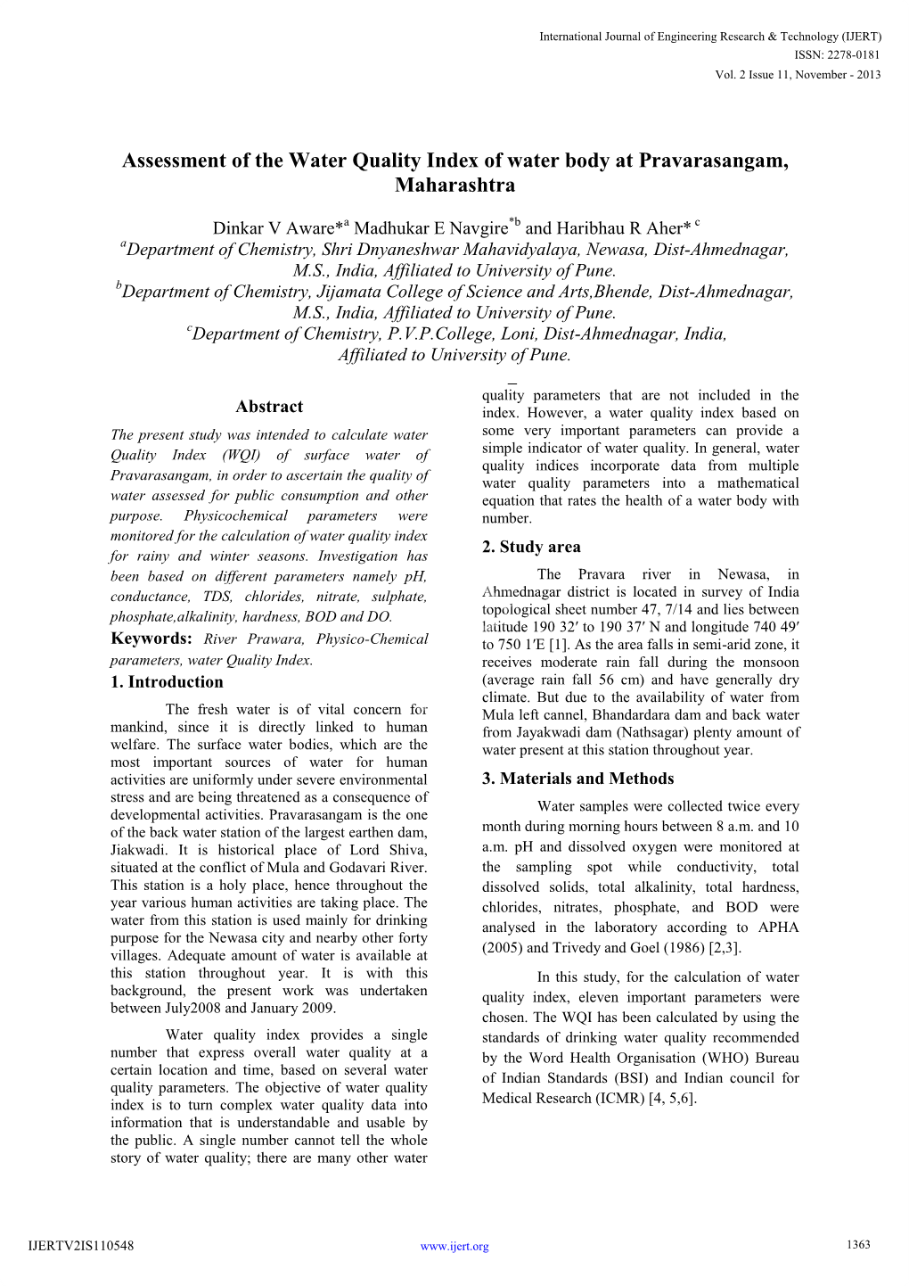 Assessment of the Water Quality Index of Water Body at Pravarasangam, Maharashtra