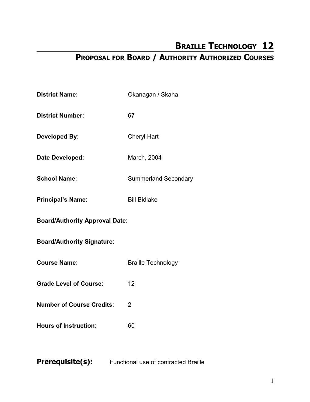 Proposal for Board / Authority Authorized Courses