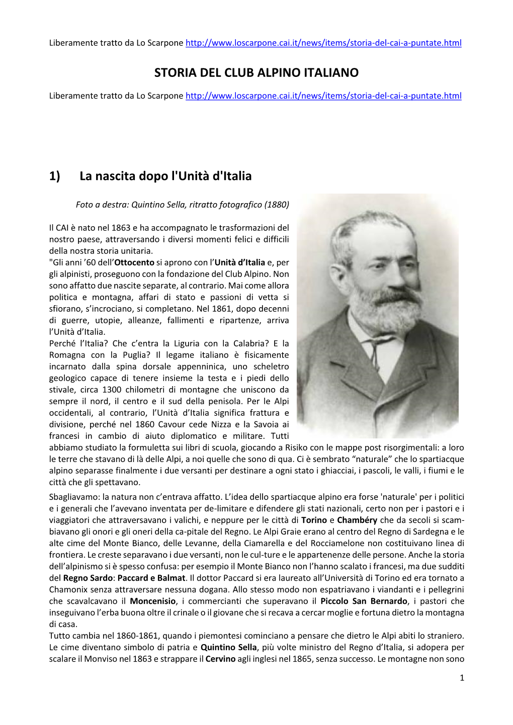 STORIA DEL CLUB ALPINO ITALIANO 1) La Nascita Dopo L'unità