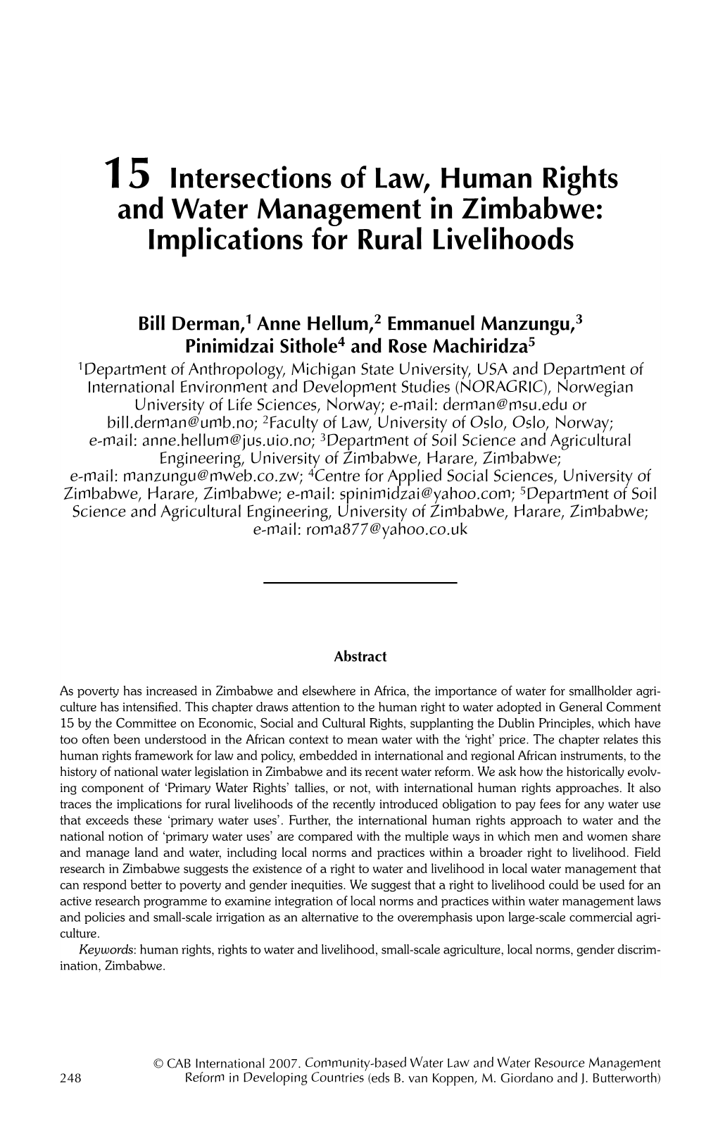 15 Intersections of Law, Human Rights and Water Management in Zimbabwe: Implications for Rural Livelihoods