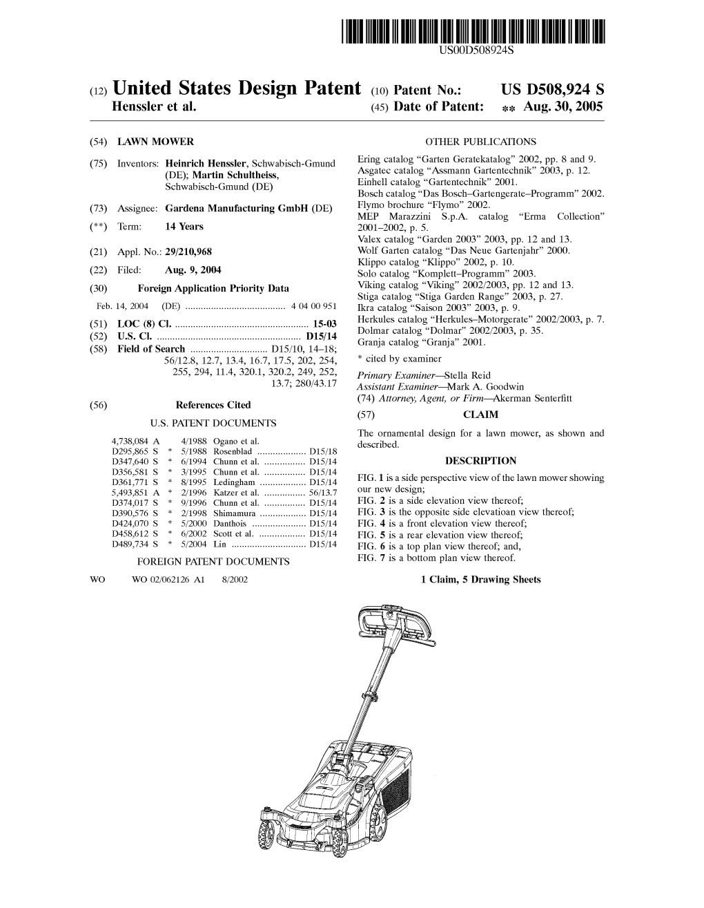 (12) United States Design Patent (10) Patent No.: US D508,924 S Henssler Et Al