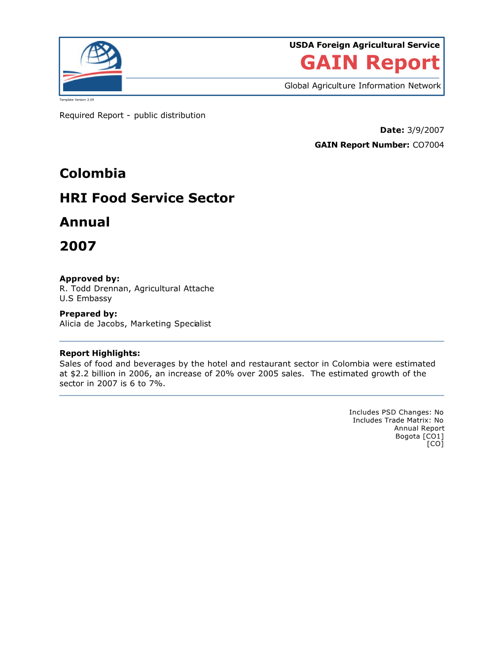 Colombia HRI Food Service Sector Annual 2007
