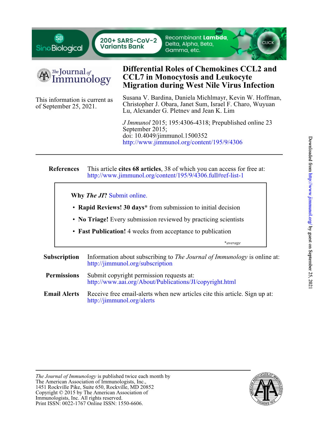 Migration During West Nile Virus Infection CCL7 in Monocytosis and Leukocyte Differential Roles of Chemokines CCL2