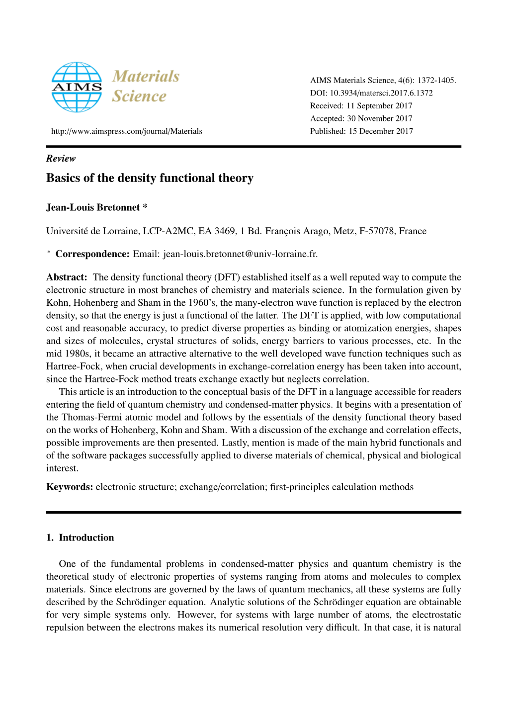 Basics of the Density Functional Theory