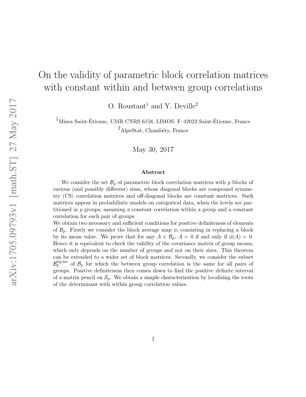 On the Validity of Parametric Block Correlation Matrices with Constant Within and Between Group Correlations
