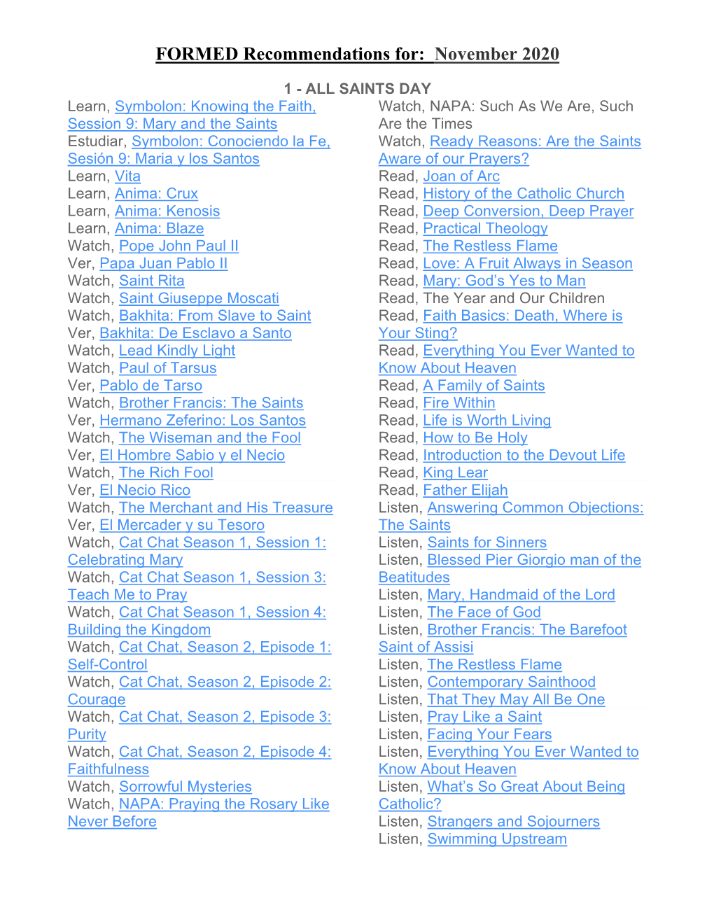 FORMED Recommendations For: November 2020