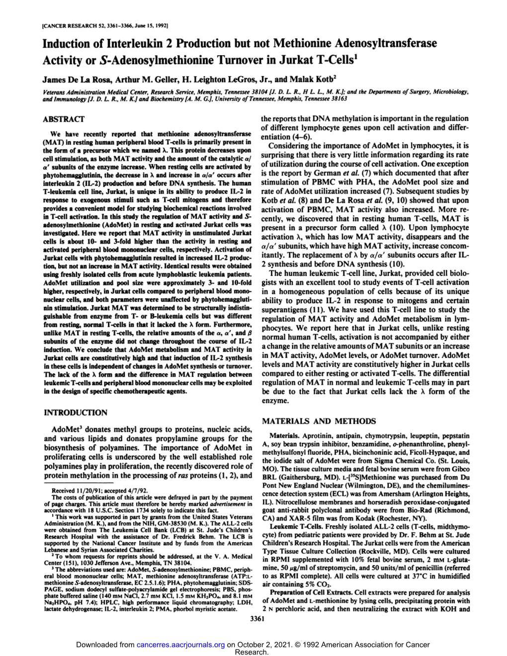 Induction of Interleukin 2 Production but Not Methionine Adenosyltransferase Activity Or S-Adenosylmethionine Turnover in Jurkat T-Cells1