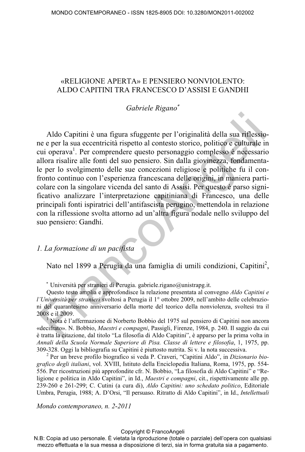 «Religione Aperta» E Pensiero Nonviolento: Aldo Capitini Tra Francesco D’Assisi E Gandhi