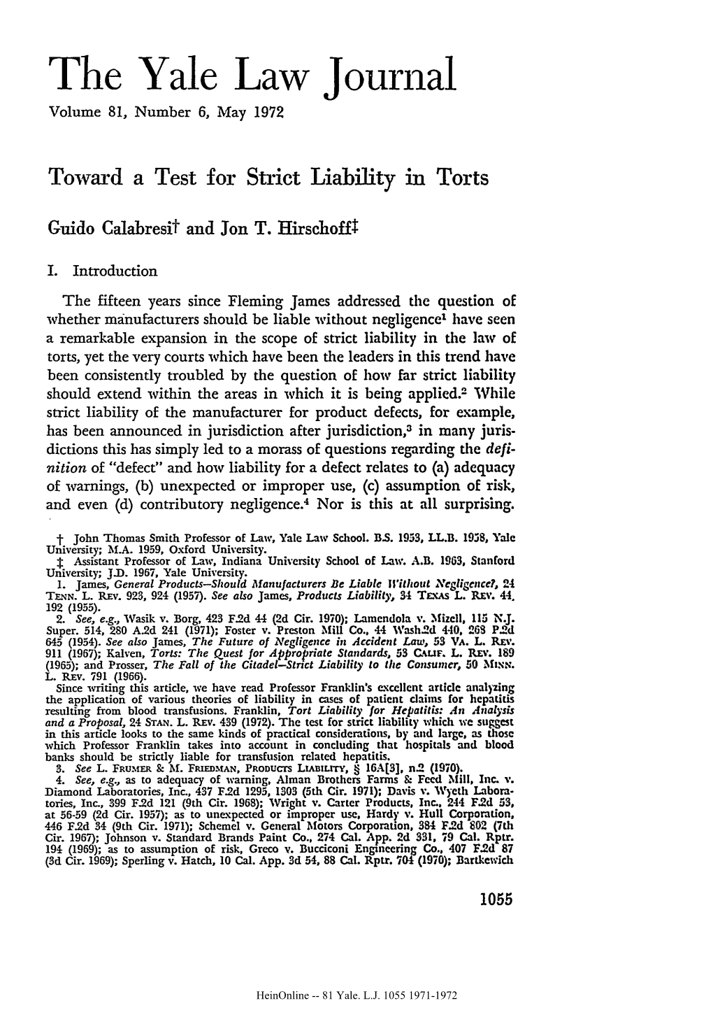 Toward a Test for Strict Liability in Torts