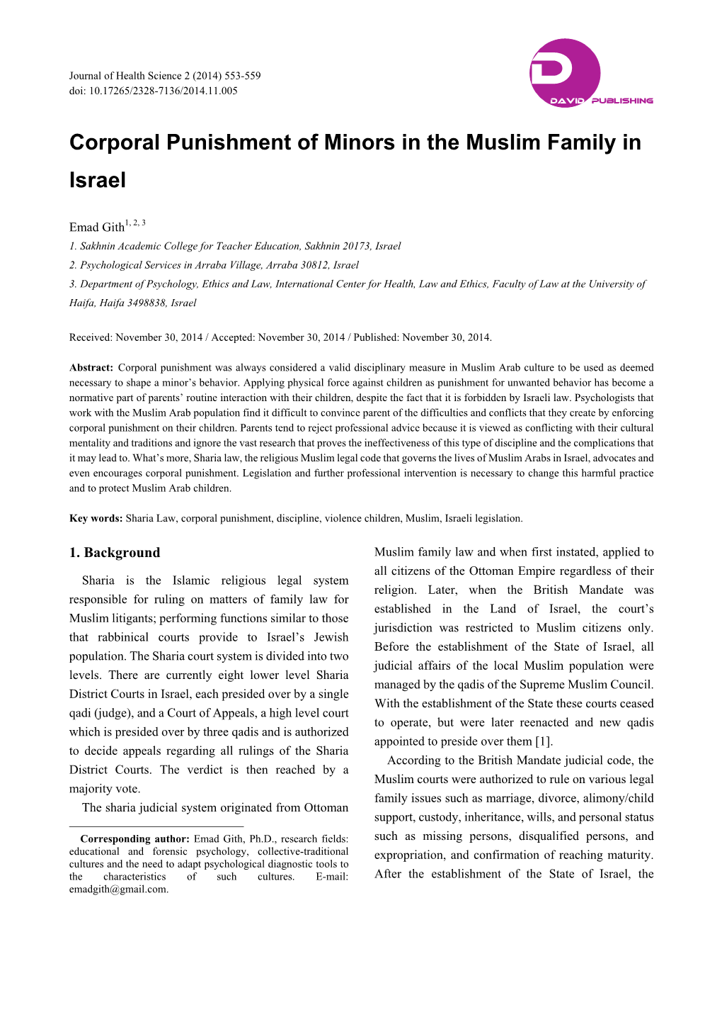 Corporal Punishment of Minors in the Muslim Family in Israel