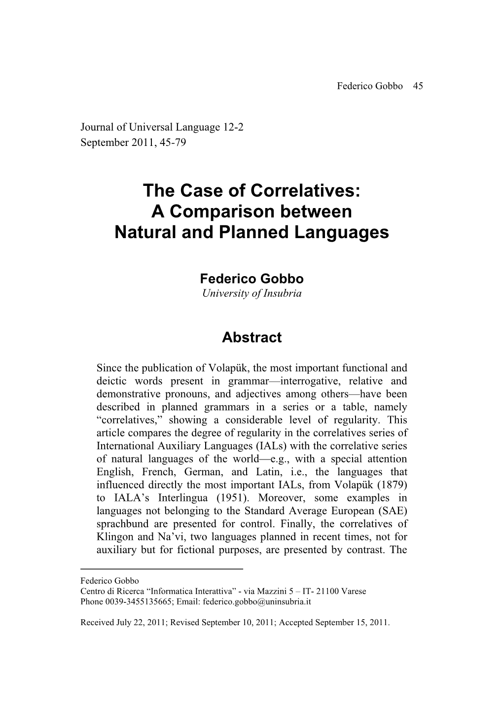 The Case of Correlatives: a Comparison Between Natural and Planned Languages