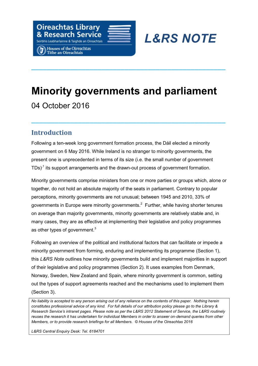 L&RS Note: Minority Governments and Parliament