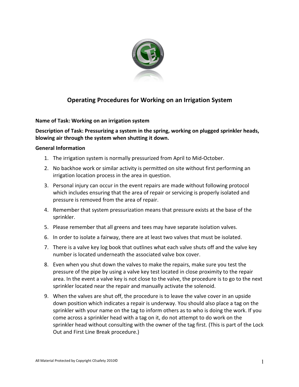 Operating Procedures for Working on an Irrigation System