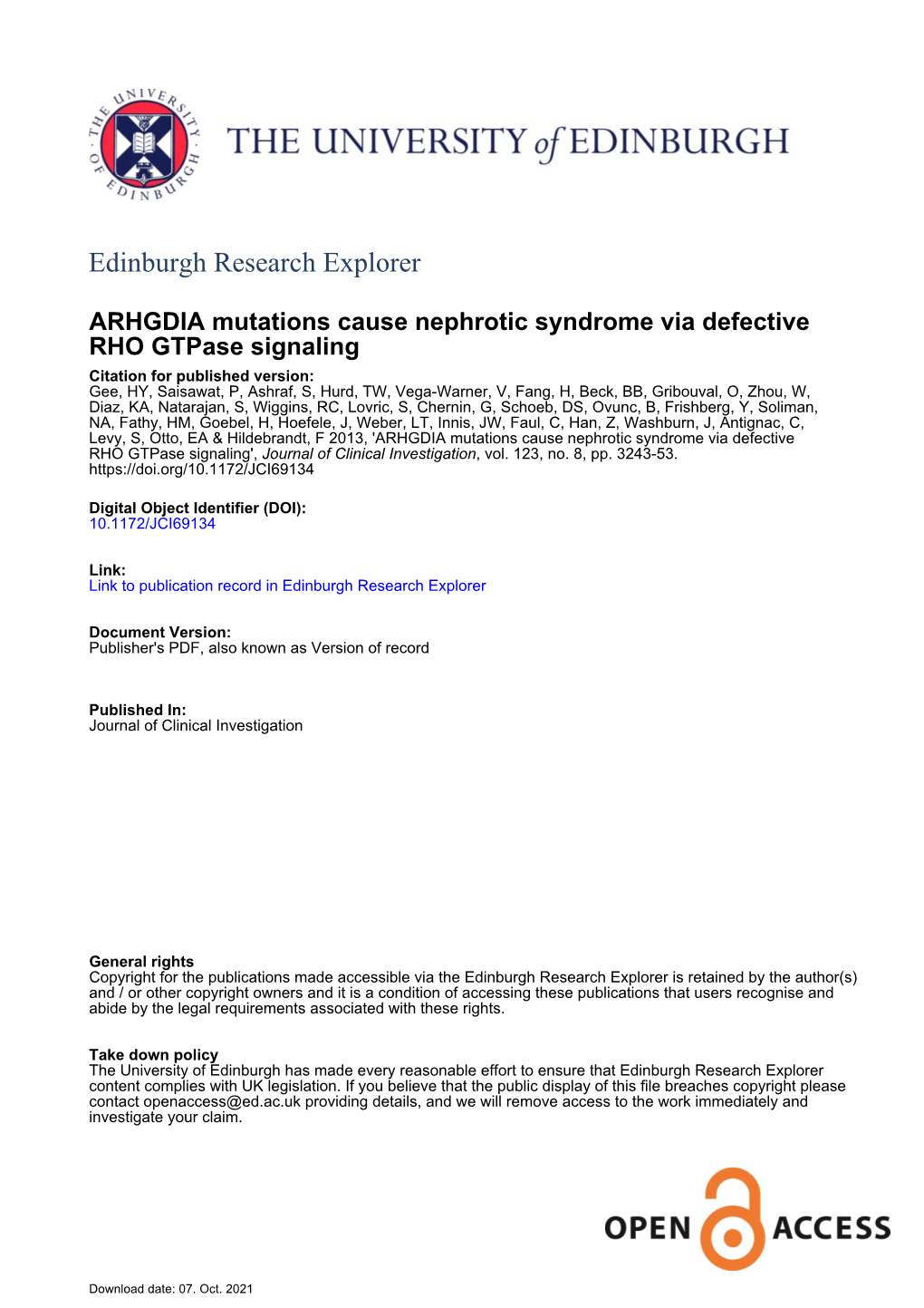 ARHGDIA Mutations Cause Nephrotic Syndrome Via Defective RHO Gtpase Signaling', Journal of Clinical Investigation, Vol