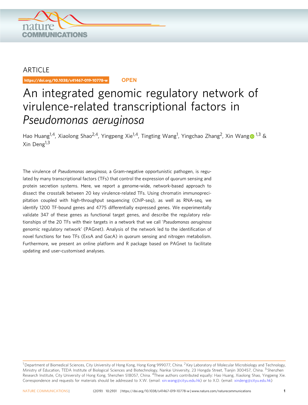 An Integrated Genomic Regulatory Network of Virulence-Related Transcriptional Factors in Pseudomonas Aeruginosa