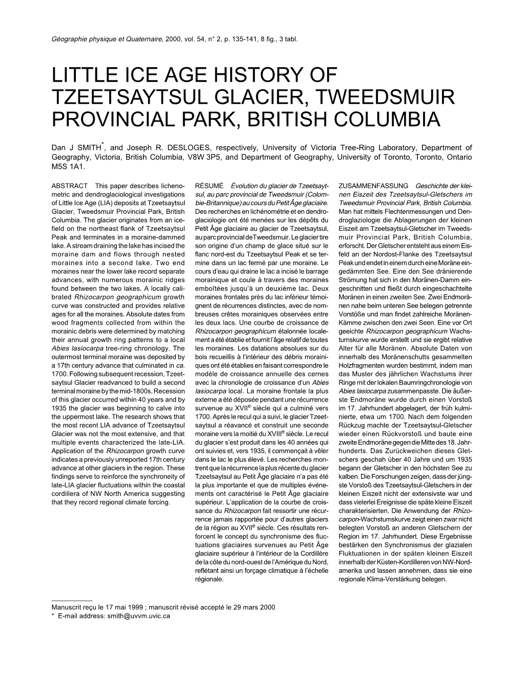 Little Ice Age History of Tzeetsaytsul Glacier, Tweedsmuir Provincial Park, British Columbia