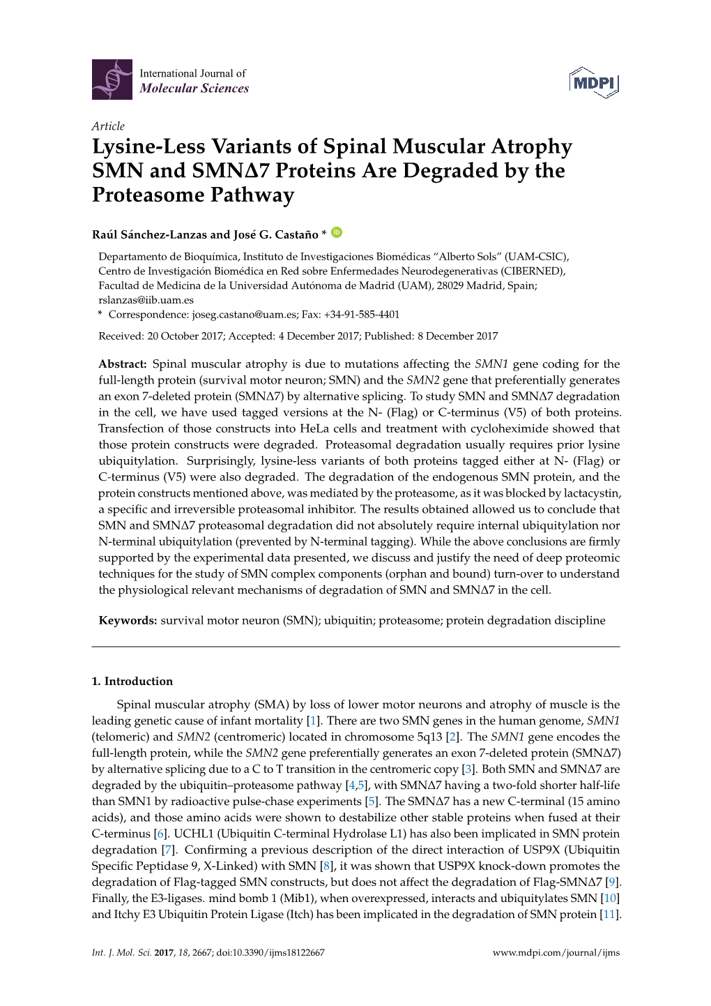 Lysine-Less Variants of Spinal Muscular Atrophy SMN and SMN7