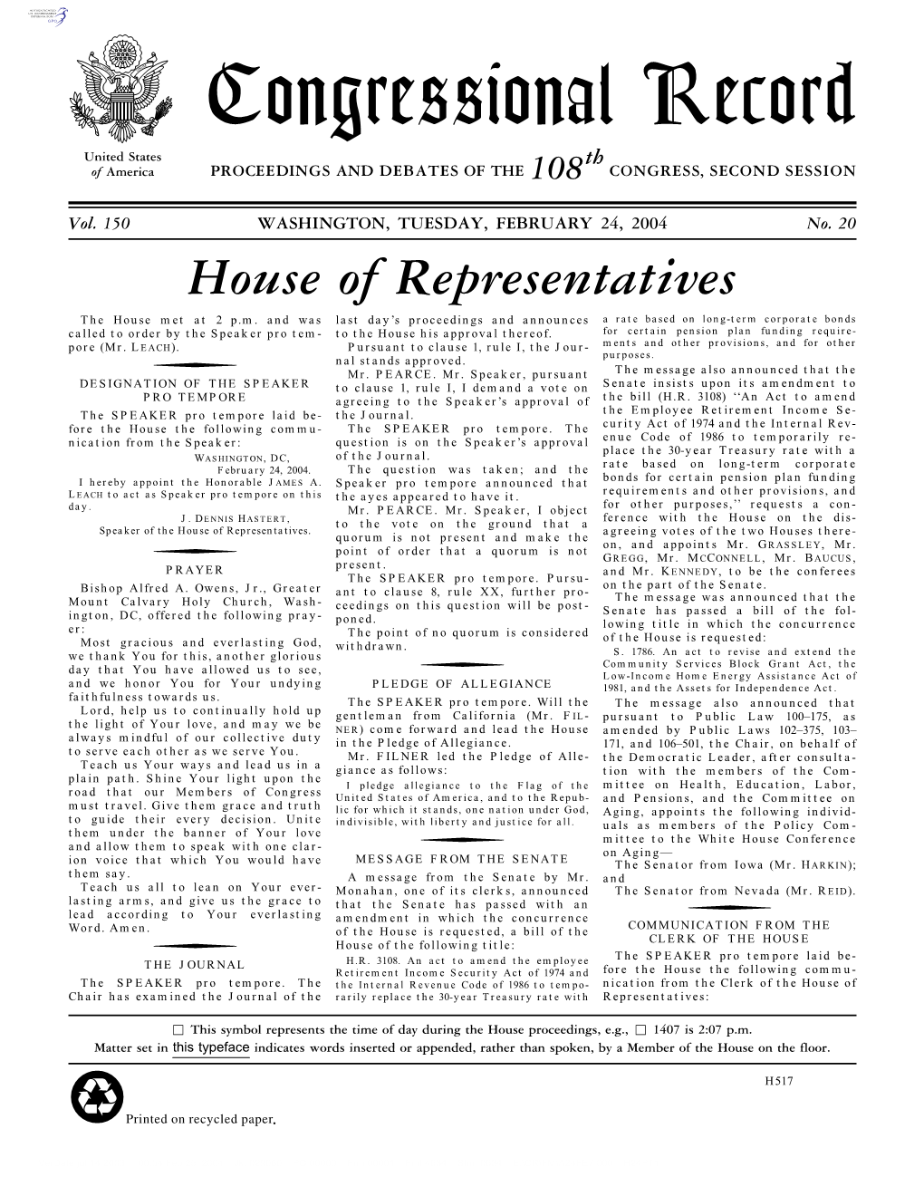 Senate Insists Upon Its Amendment to PRO TEMPORE Agreeing to the Speaker’S Approval of the Bill (H.R