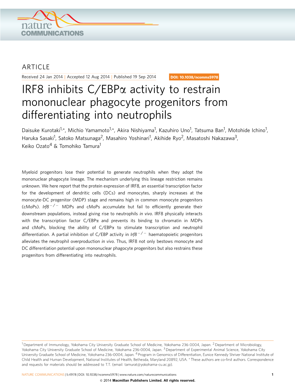 IRF8 Inhibits C/EBP&Alpha; Activity to Restrain Mononuclear Phagocyte Progenitors from Differentiating Into Neutrophils