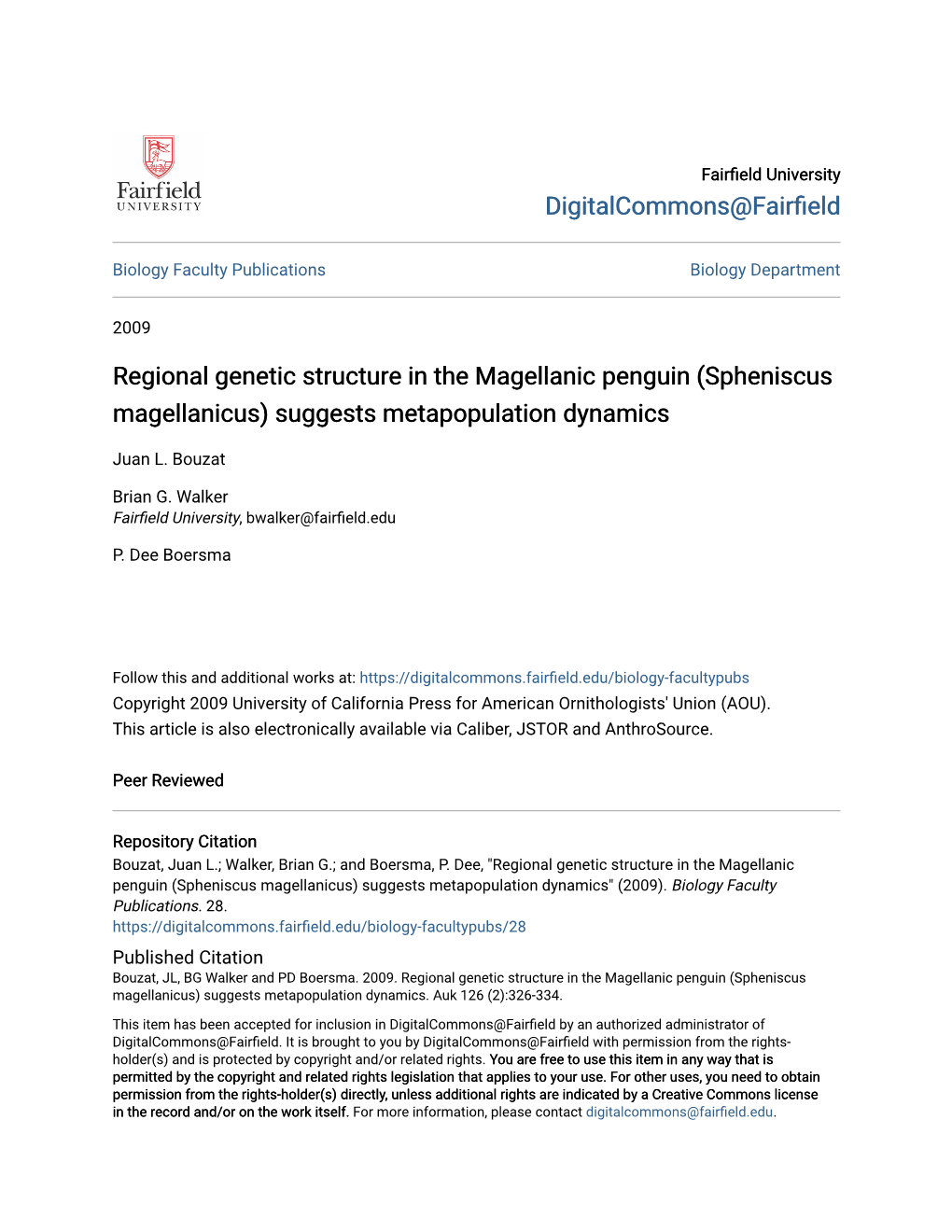 Regional Genetic Structure in the Magellanic Penguin (Spheniscus Magellanicus) Suggests Metapopulation Dynamics