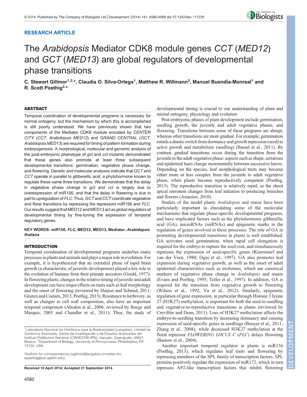 The Arabidopsis Mediator CDK8 Module Genes CCT (MED12) and GCT (MED13) Are Global Regulators of Developmental Phase Transitions C