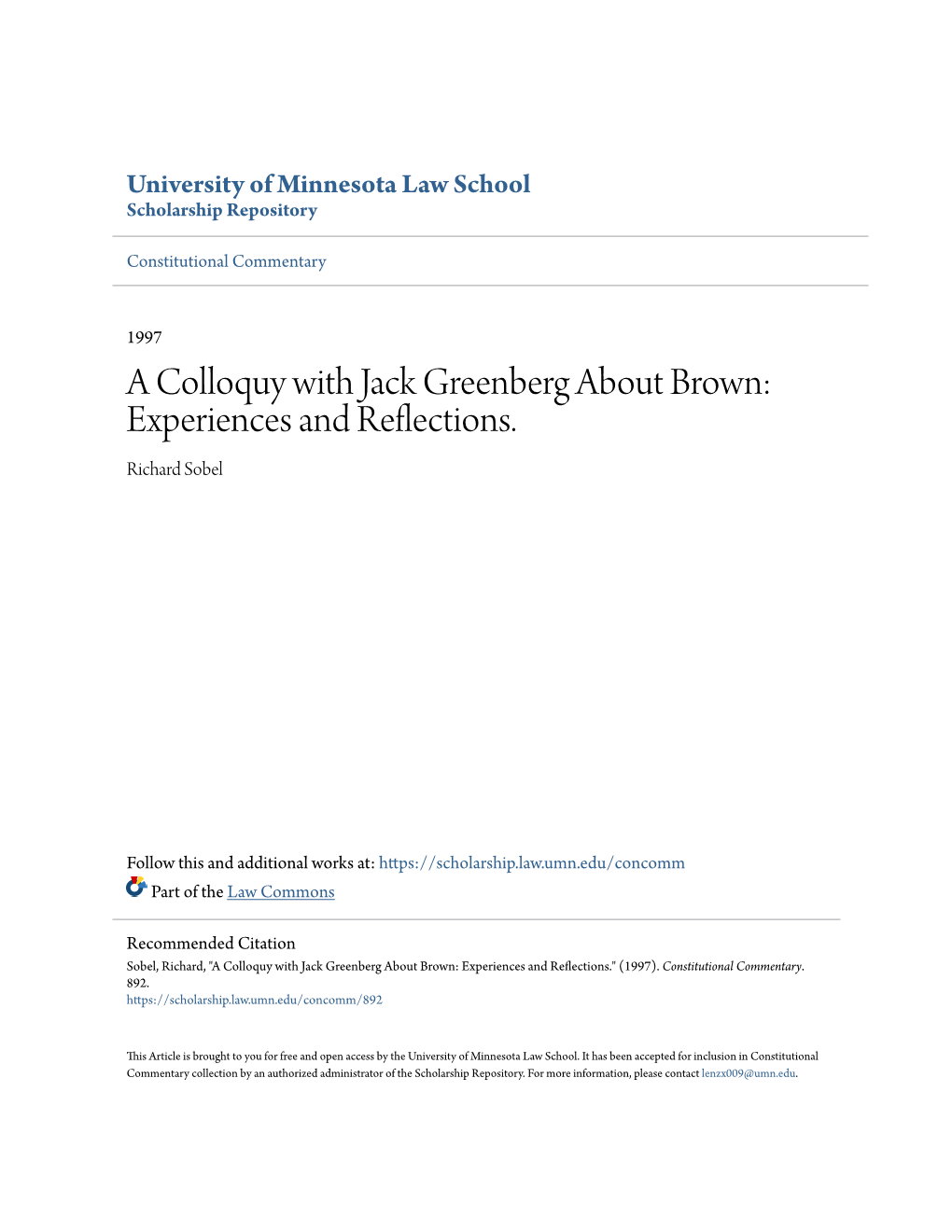 A Colloquy with Jack Greenberg About Brown: Experiences and Reflections