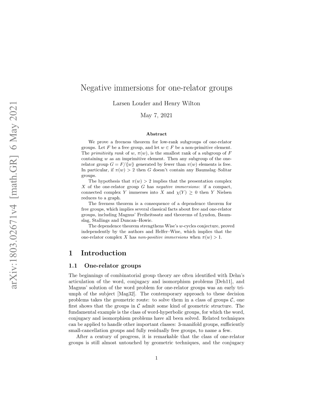 Negative Immersions for One-Relator Groups