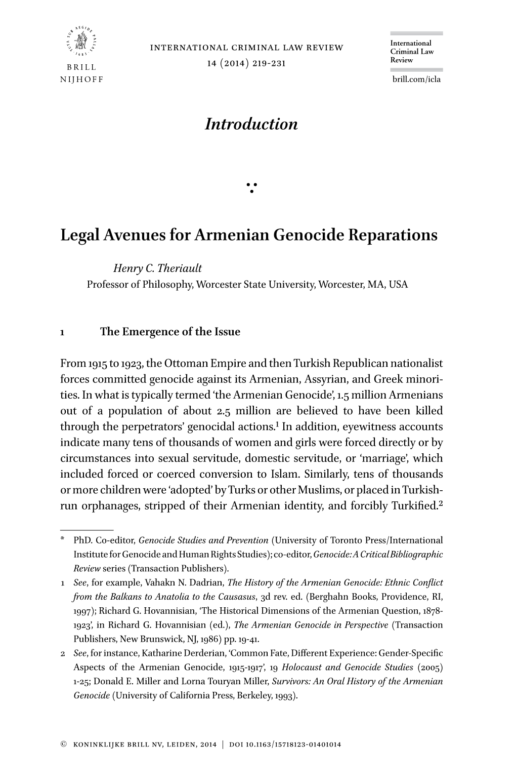 Introduction Legal Avenues for Armenian Genocide Reparations