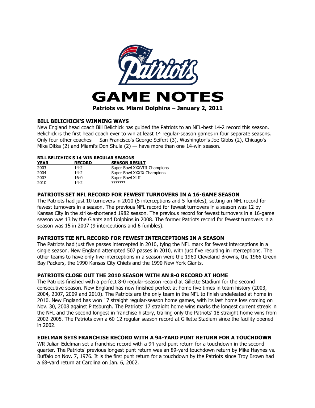 GAME NOTES Patriots Vs