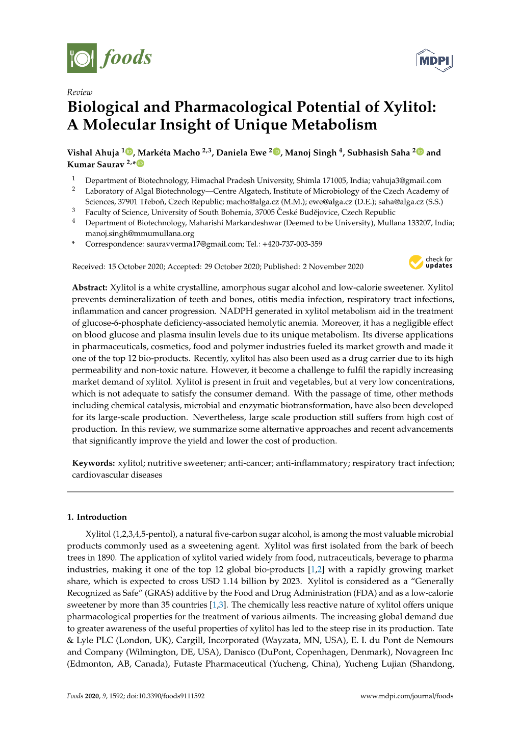 Biological and Pharmacological Potential of Xylitol: a Molecular Insight of Unique Metabolism