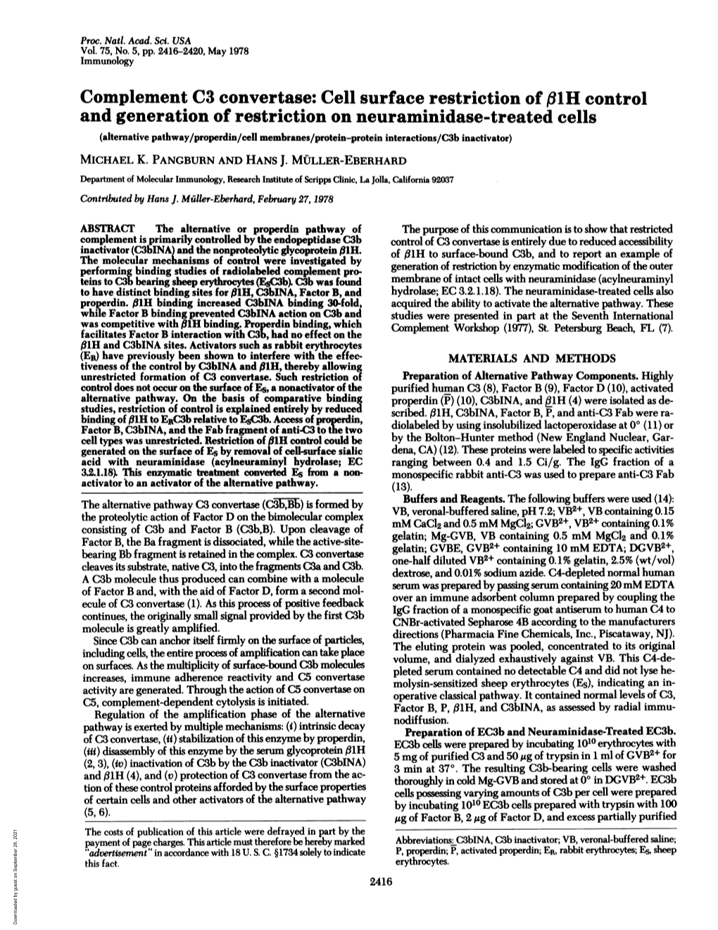 Complement C3 Convertase: Cell Surface Restriction Offi1h Control and Generation of Restriction on Neuraminidase-Treated Cells