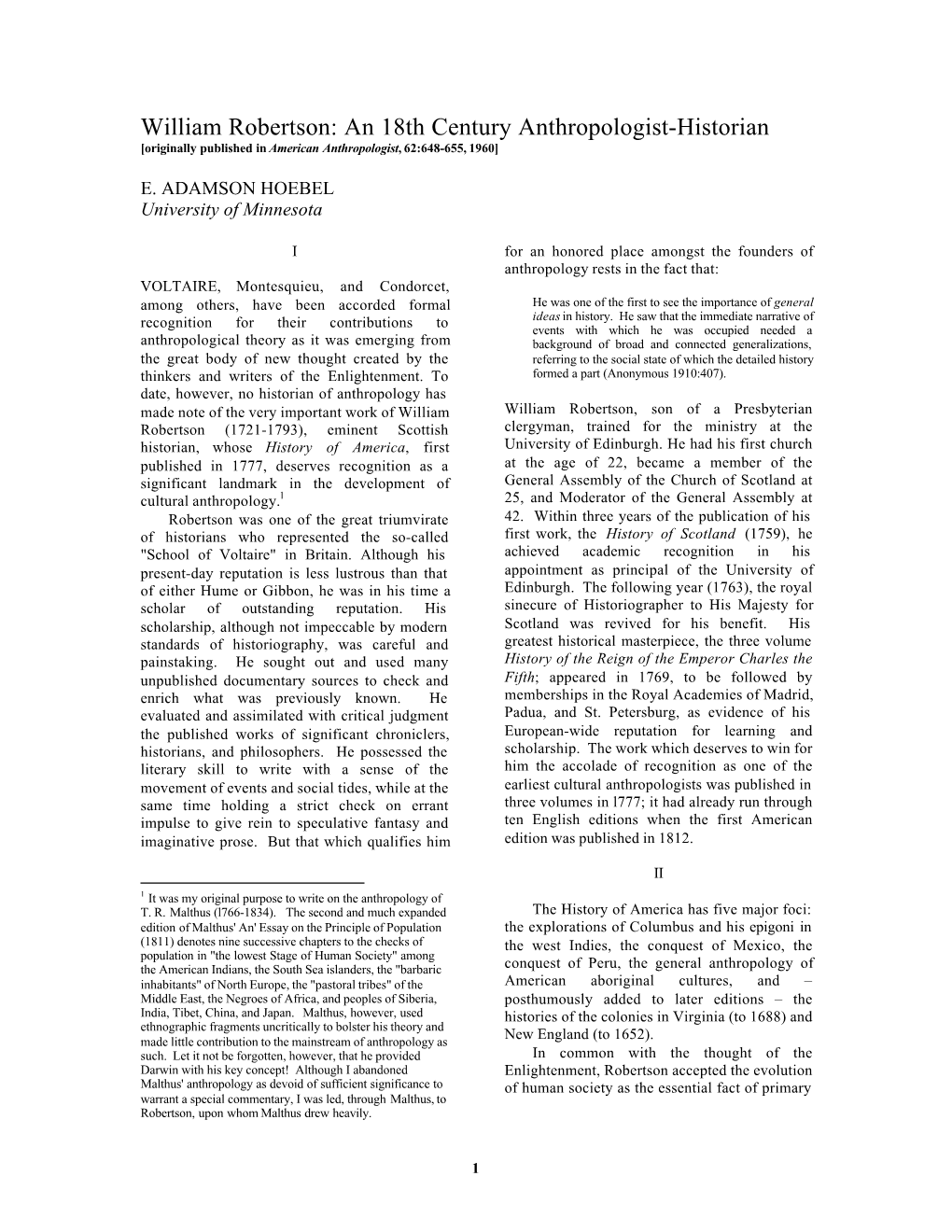 William Robertson: an 18Th Century Anthropologist-Historian [Originally Published in American Anthropologist, 62:648-655, 1960]