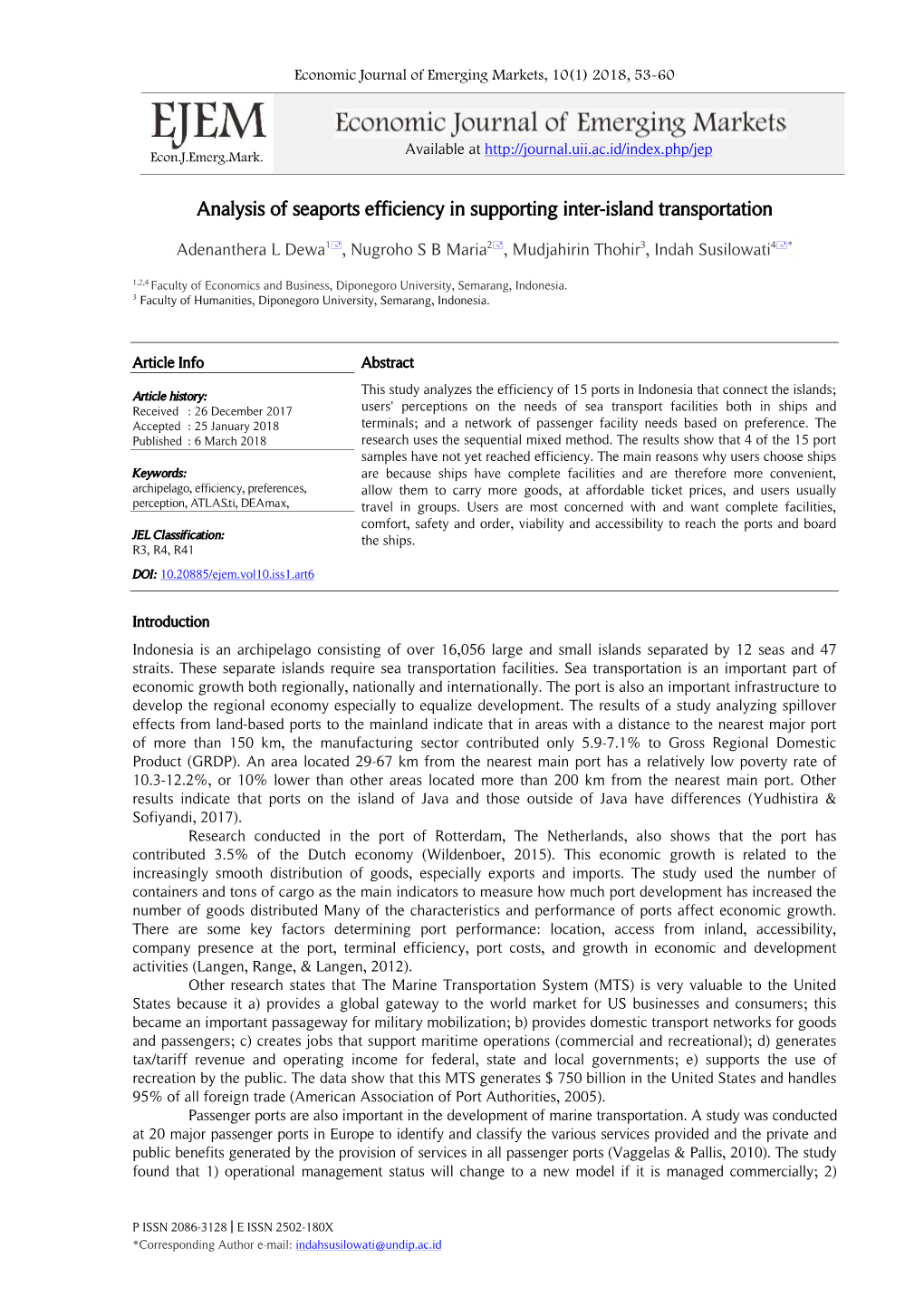 Analysis of Seaports Efficiency in Supporting Inter-Island Transportation