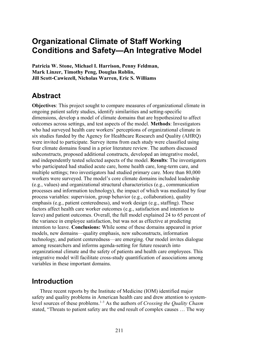Organizational Climate of Staff Working Conditions and Safety an Integrative Model