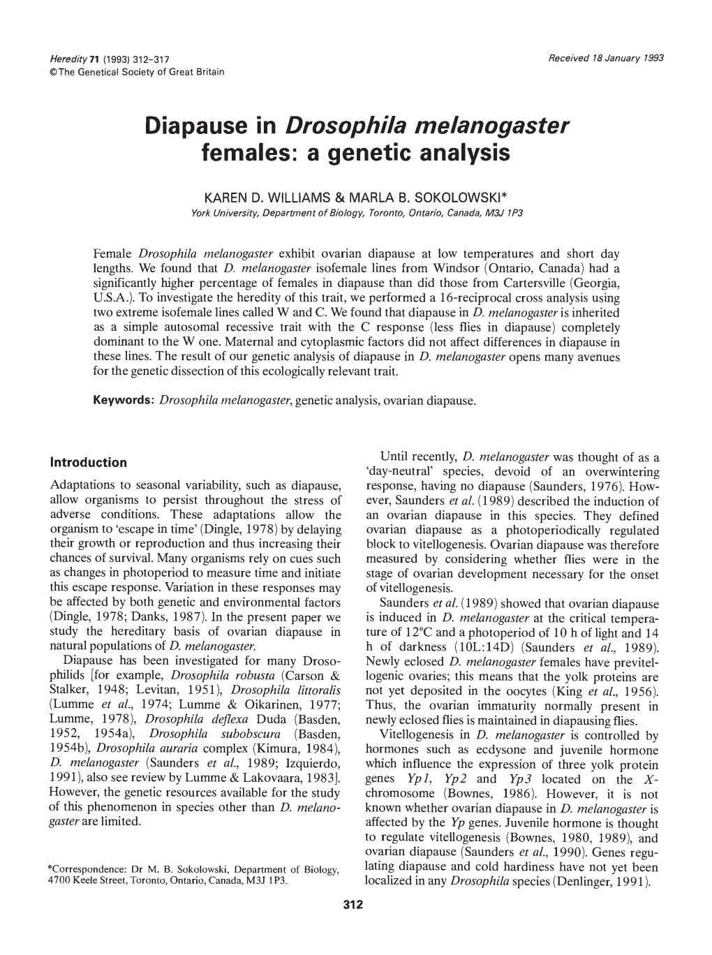 Diapause in Drosophila Melanogaster Females: a Genetic Analysis