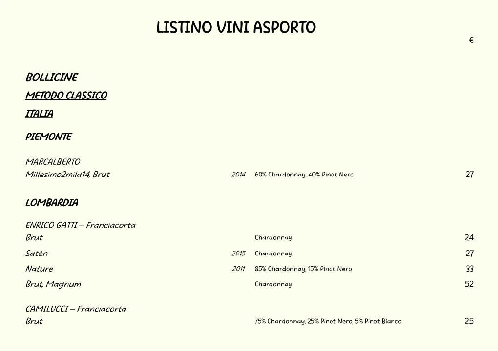 Listino Vini Asporto €