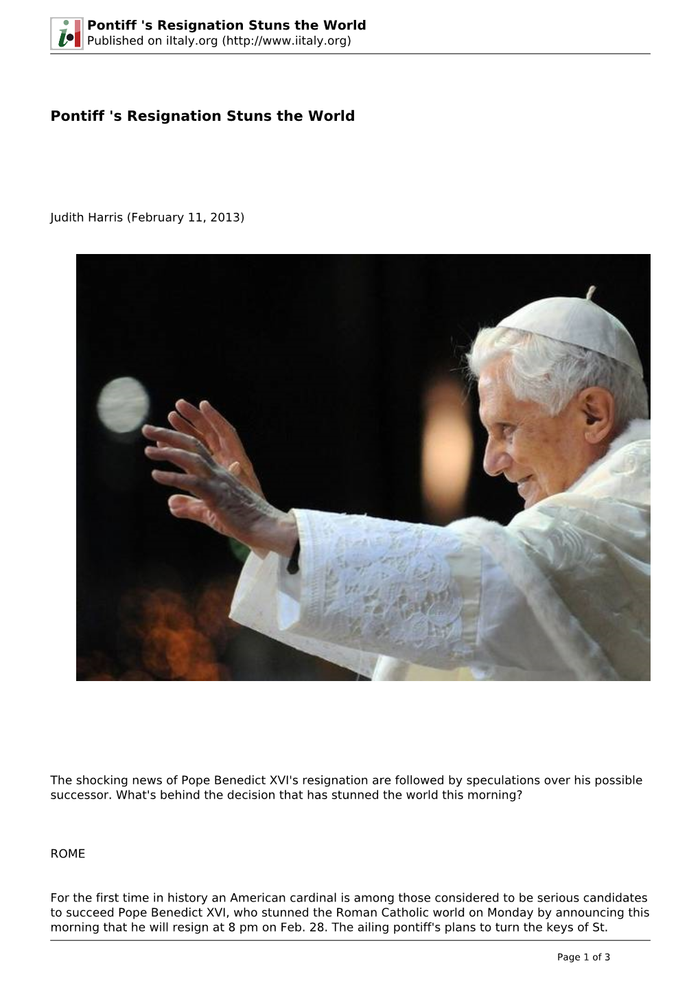 Pontiff 'S Resignation Stuns the World Published on Iitaly.Org (