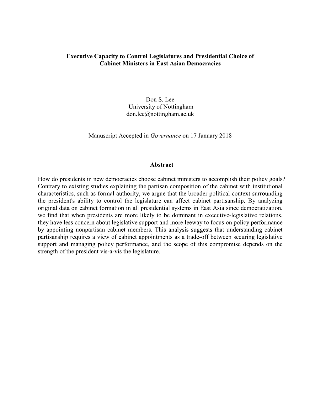 Executive Capacity to Control Legislatures and Presidential Choice of Cabinet Ministers in East Asian Democracies