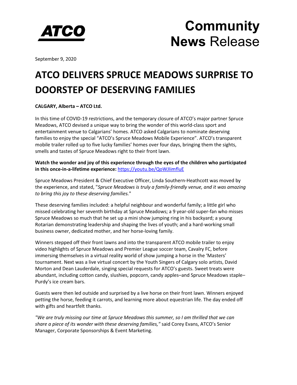 ATCO Ltd--ATCO Delivers Spruce Meadows Surprise to Doorstep of D