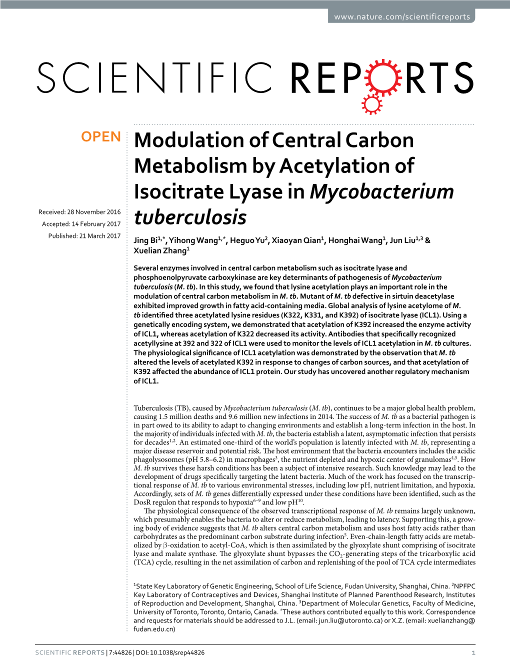 Modulation of Central Carbon Metabolism by Acetylation Of