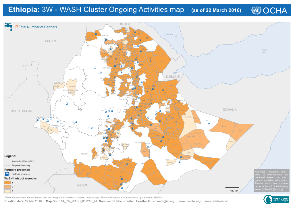 Ethiopia: 3W - WASH Cluster Ongoing Activities Map (As of 22 March 2016)