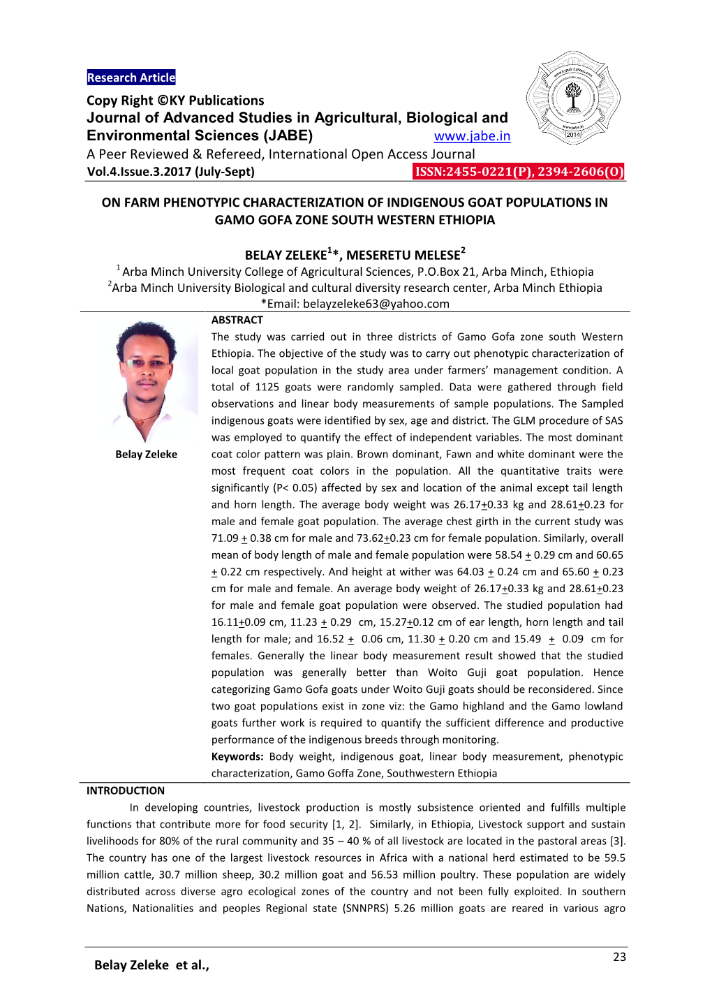 Copy Right ©KY Publications Journal of Advanced Studies in Agricultural, Biological and Environmental Sciences (JABE) Www