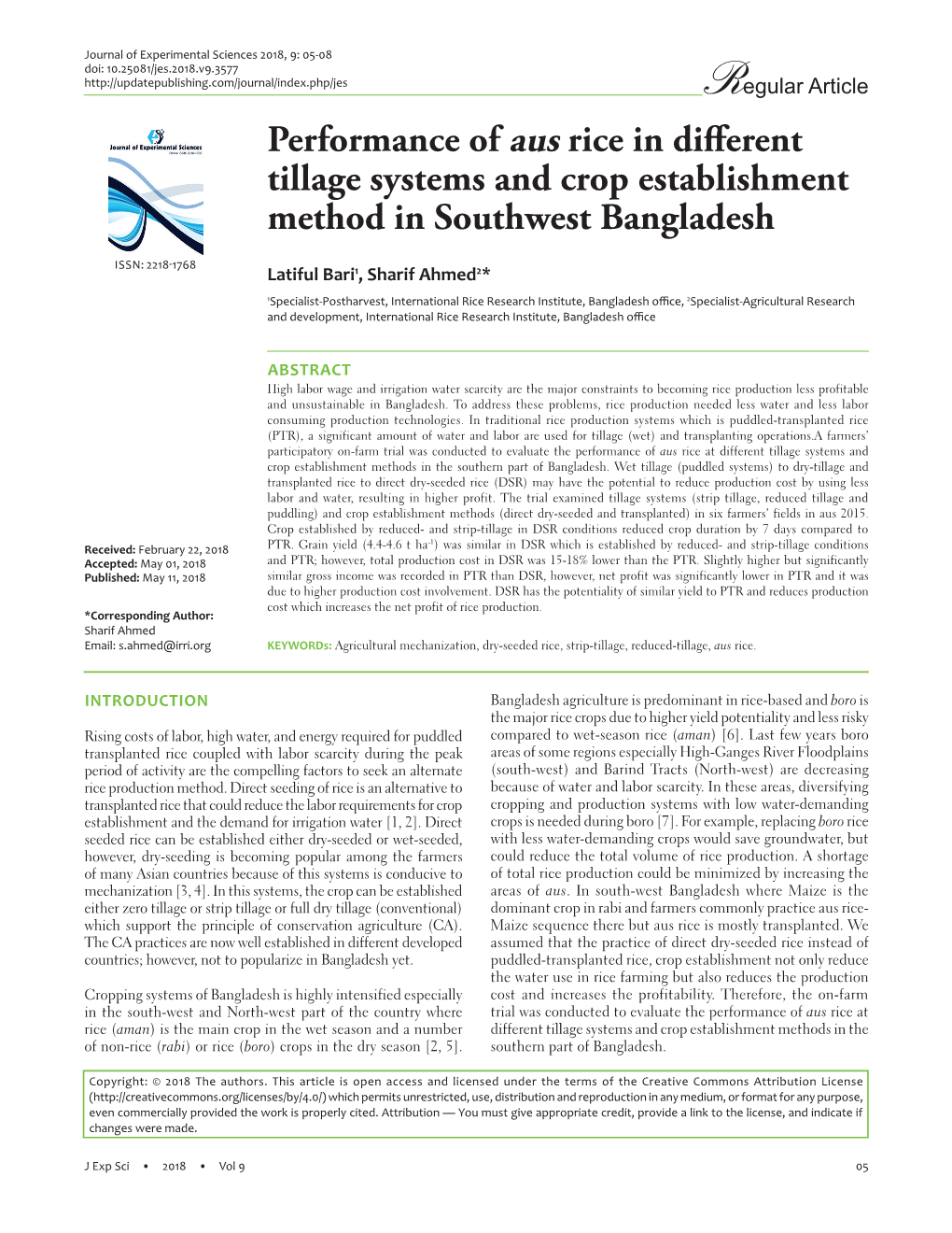 Performance of Aus Rice in Different Tillage Systems and Crop Establishment Method in Southwest Bangladesh