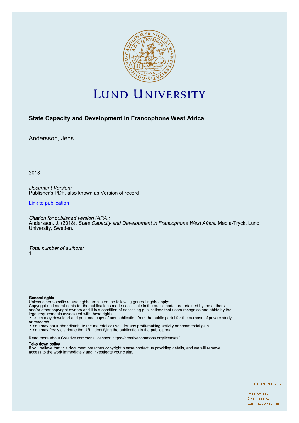 State Capacity and Development in Francophone West Africa Andersson, Jens