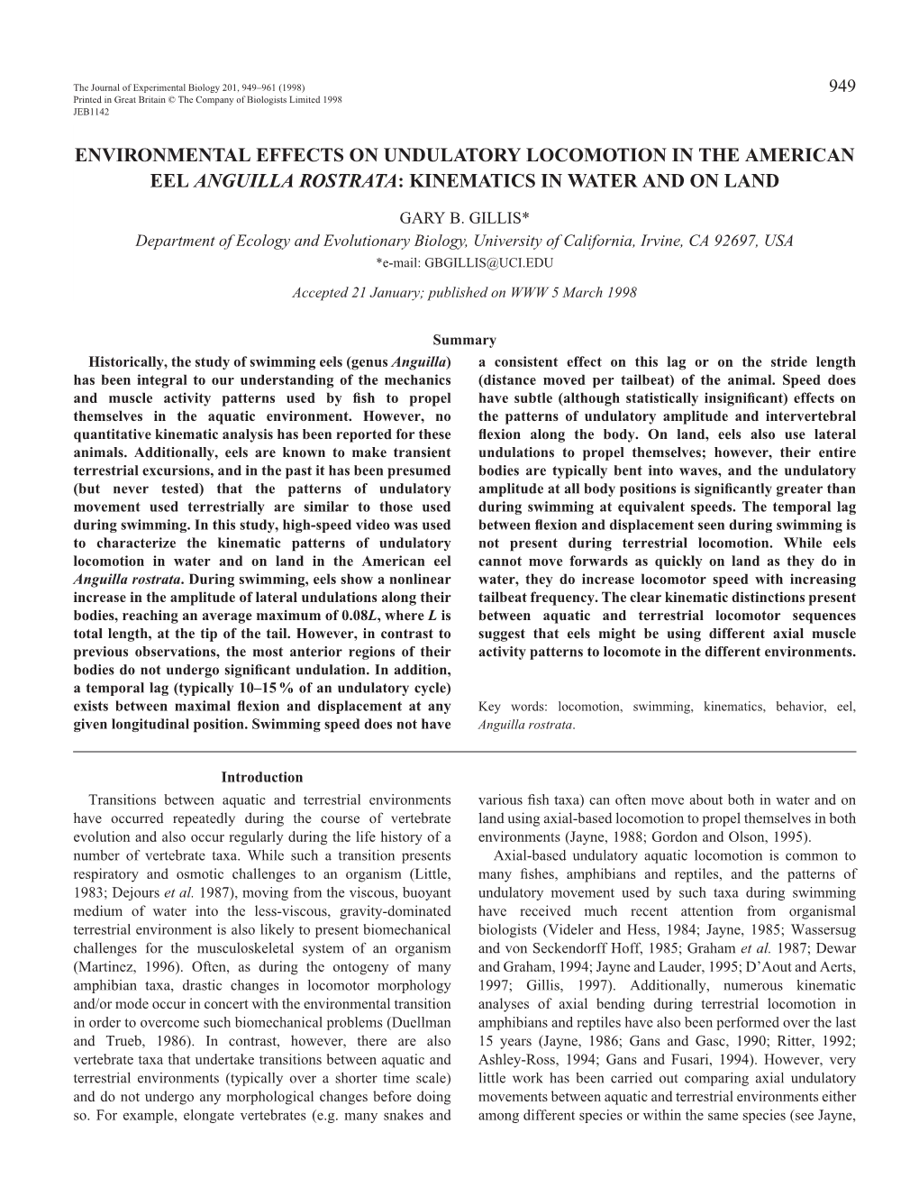 Environmental Effects on Undulatory Locomotion in the American Eel Anguilla Rostrata: Kinematics in Water and on Land